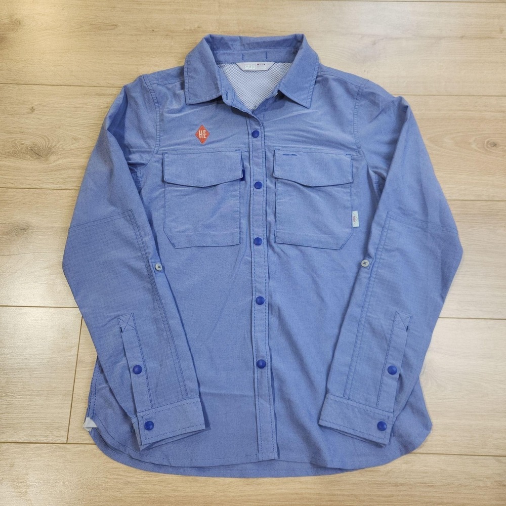 Stio Shirt Womens Small Blue Chambray Button Front Roll Tab Long Sleeve Pockets